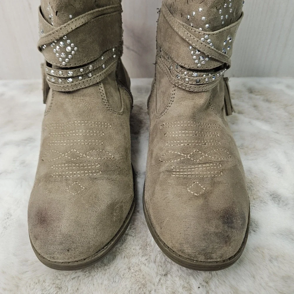 Justice Teen Girls Western Boots Size 8 Brown Tassels Bling Stitching Zip Close